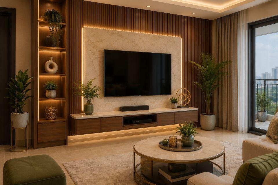 Warm Backlit TV Unit by 5D Home Space